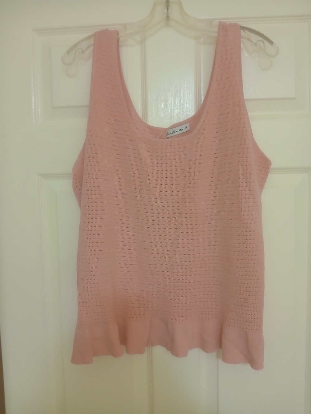 Soft Pink Open-Knit Tank Top with Ruffle Hem